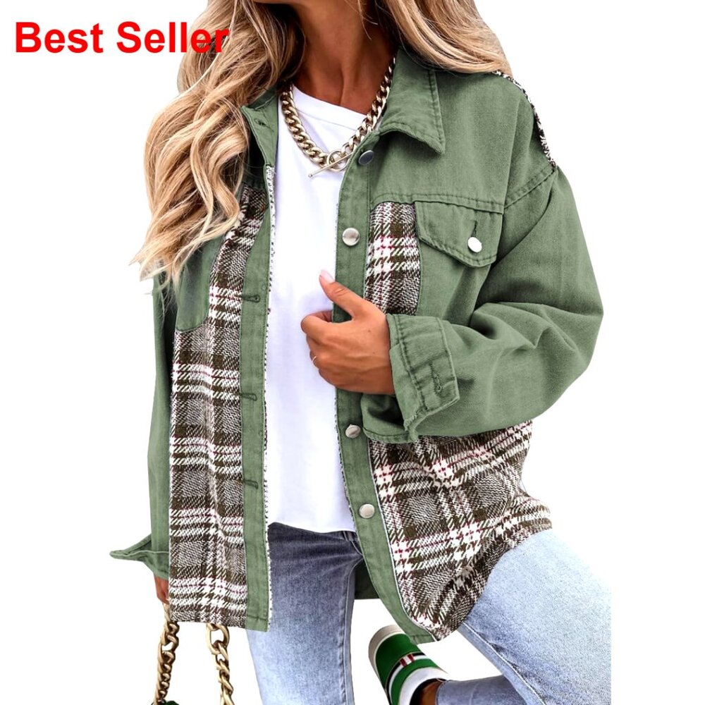 Oversized Denim Shacket Plaid Button Down Long Sleeve Distressed Pockets